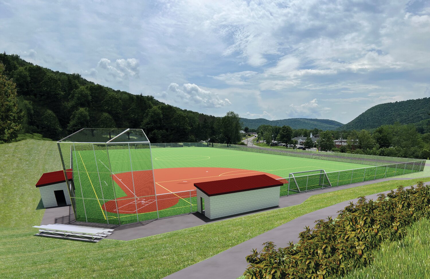 A computer rendering shows Dave Kelly Field and a reconfigured and resurfaced track.